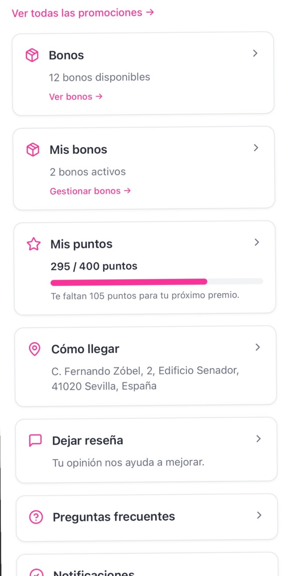 Vista de bonos y puntos de la app web de Crisálida