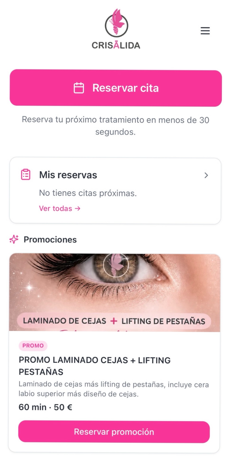 Vista principal de la app web de reservas de Crisálida