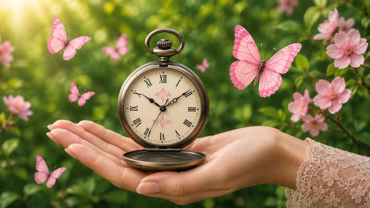 Reloj clásico sostenido por una mano rodeado de mariposas rosas en un entorno natural.