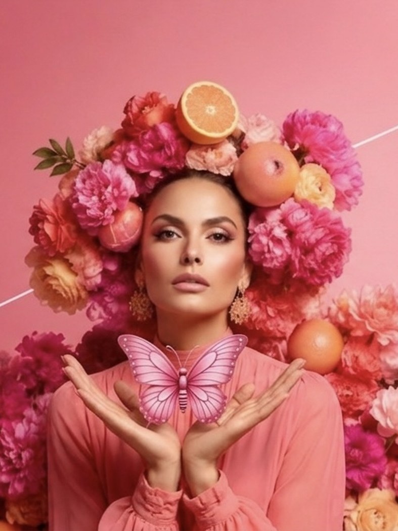 Mujer joven observando una mariposa rosa en la mano para Crisálida Estética Avanzada
